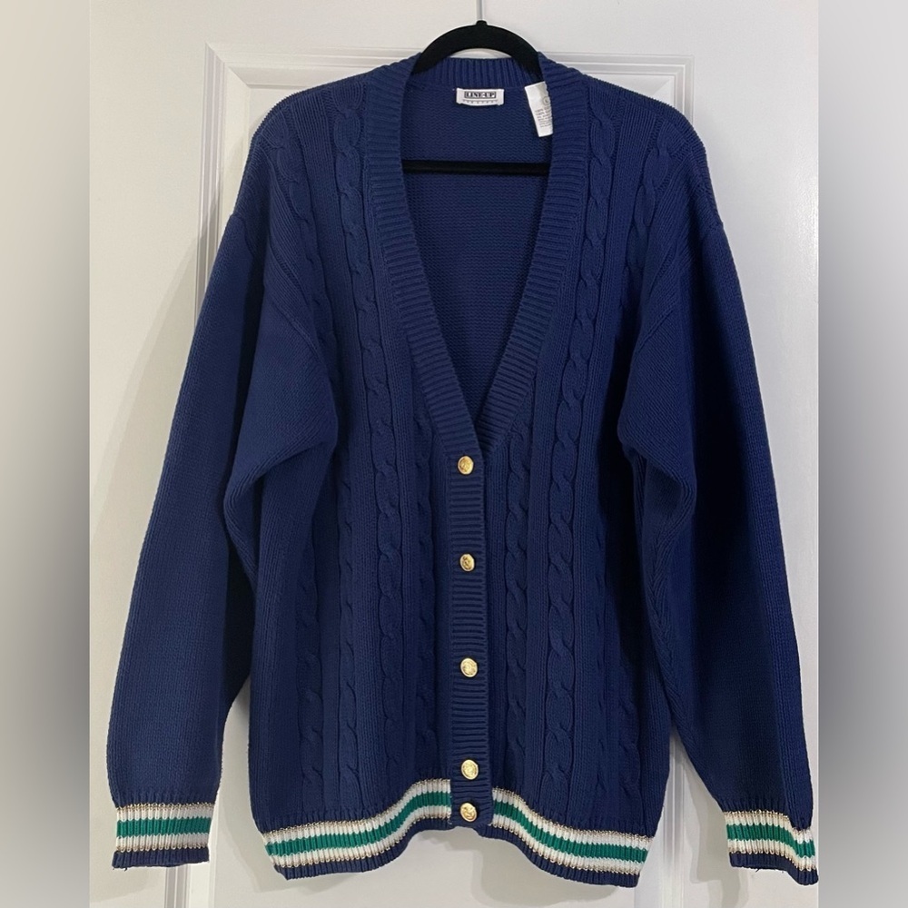 Vintage Cable Knit Cardigan Navy Blue Size Large Gold Button Up Varsity Preppy